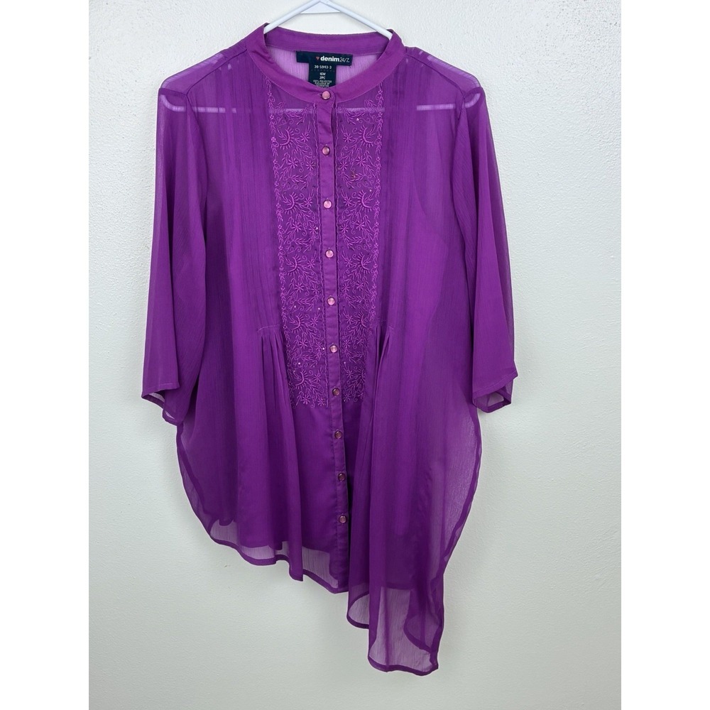 Denim 24/7 Purple Sheer Embroidered Sequin Asymmetric Tunic Blouse Top 16W 2PC